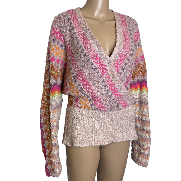 Women's Small Free People Forever Fair Isle Faux Wrap V-Neck Colorful Sweater - Picture 2 of 4